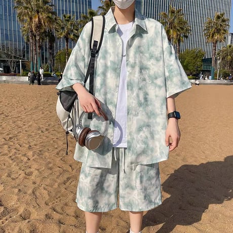 メンズセットアップ半袖シャツショートパンツセット夏ゆったりカジュアル