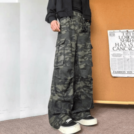 メンズ  ワークパンツ  迷彩柄 マルチポケット ワイドレッグ