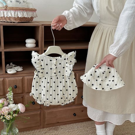 女の子ベビーキッズハート柄夏ロンパース帽子2点セット66-100cm