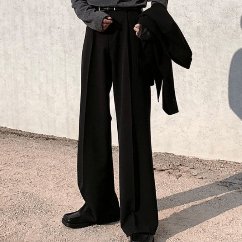 メンズスラックスフレアパンツハイウエストルーズフィットブラック