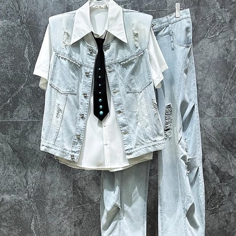メンズ ダメージデニムベスト ワイドパンツ セット おしゃれ カジュアル