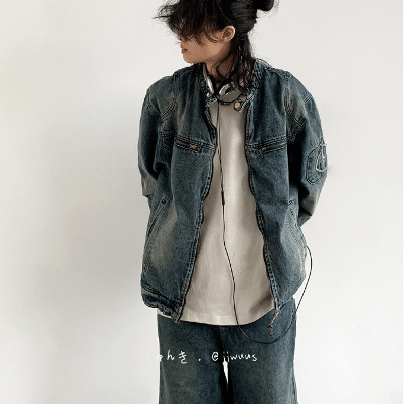 メンズ ノーカラー ジップアップ デニムジャケット Gジャン S-3XL