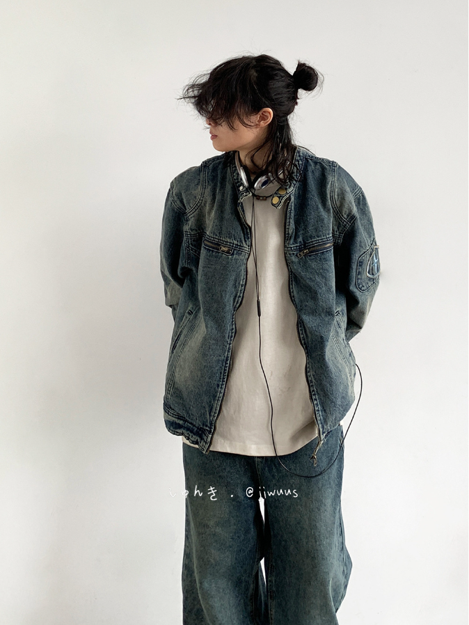 メンズ ノーカラー ジップアップ デニムジャケット Gジャン S-3XL