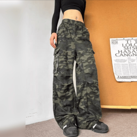 メンズ  ワークパンツ  迷彩柄 マルチポケット ワイドレッグ