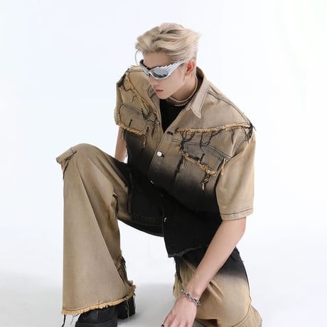 メンズ グラデーションデニム半袖 ワイドパンツ セット