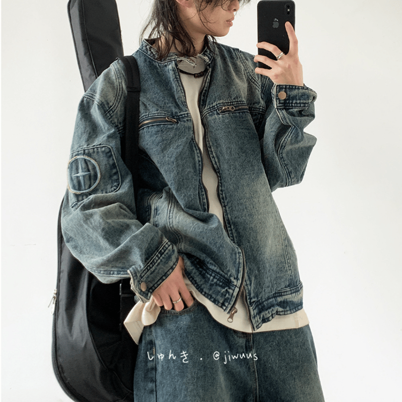 メンズ ノーカラー ジップアップ デニムジャケット Gジャン S-3XL