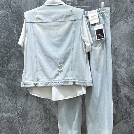 メンズ ダメージデニムベスト ワイドパンツ セット おしゃれ カジュアル