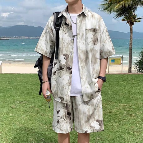 メンズセットアップ半袖シャツショートパンツセット夏ゆったりカジュアル
