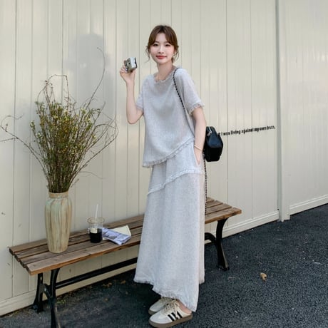 フリンジ半袖トップス＋ミニスカート 2 点セットレディース夏万能