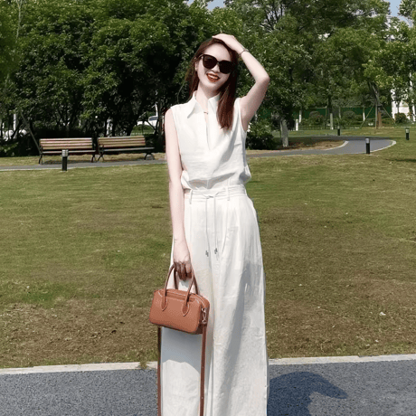 無地 ノースリーブリネンシャツ + ワイドパンツ 2 点セット 通気性が良くさらっと快適