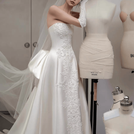 サテンオフショルダー結婚式前撮りウェディングドレスマーメイド