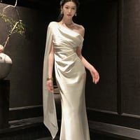 無地ワンショルダープリーツワンピース パーティードレス