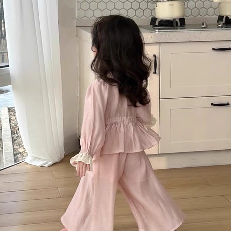 女の子 甘めセットアップ トップス + ワイドパンツ 春夏