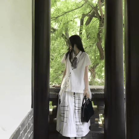 半袖ゆったりシャツ 水玉 × チェック切替ミニスカート 2 点セット