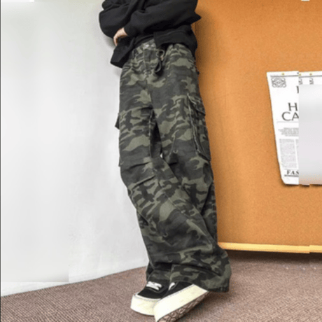 メンズ  ワークパンツ  迷彩柄 マルチポケット ワイドレッグ