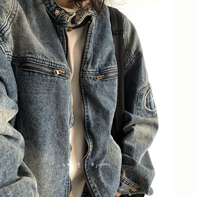 メンズ ノーカラー ジップアップ デニムジャケット Gジャン S-3XL