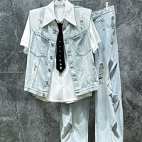 メンズ ダメージデニムベスト ワイドパンツ セット おしゃれ カジュアル