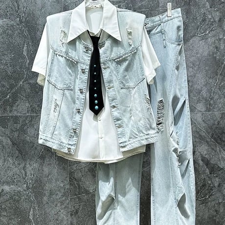 メンズ ダメージデニムベスト ワイドパンツ セット おしゃれ カジュアル