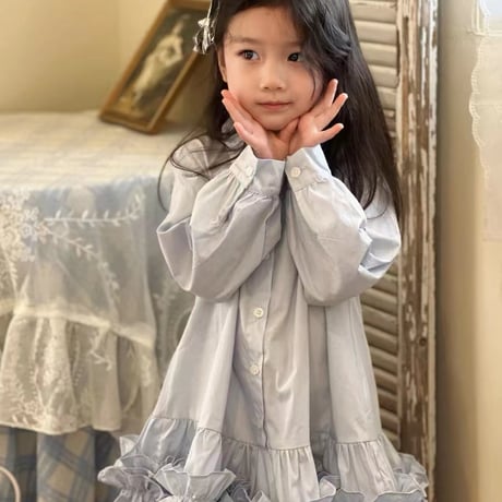 春夏 女児 無地長袖シャツ襟切り替えワンピース
