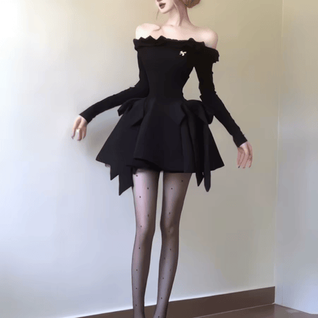 オフショルダー ブラックワンピース ドレス フレアスカート