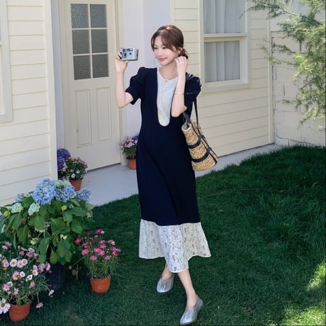 レディース パフスリーブ レース切り替え ゆったり ワンピース 夏 万能
