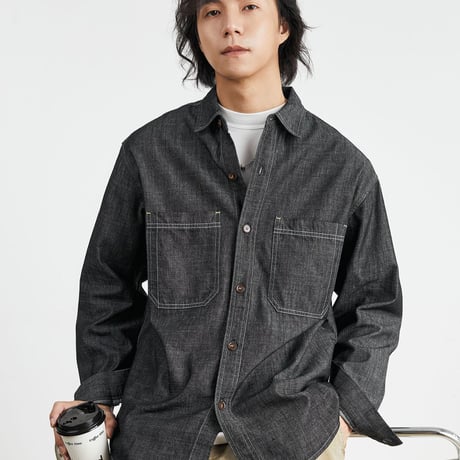 メンズ レトロ長袖デニムシャツ ワークルーズアウター