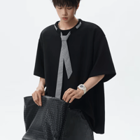 メンズチェックネクタイ切り替えレイヤードTシャツカジュアル
