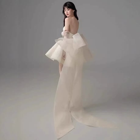バンドゥ サテン レース バタフライ ウェディングドレス 結婚式成人式ミニドレス