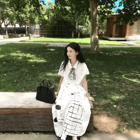 半袖ゆったりシャツ 水玉 × チェック切替ミニスカート 2 点セット
