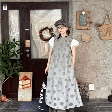パフスリーブ水玉柄ゆったりワンピース 夏