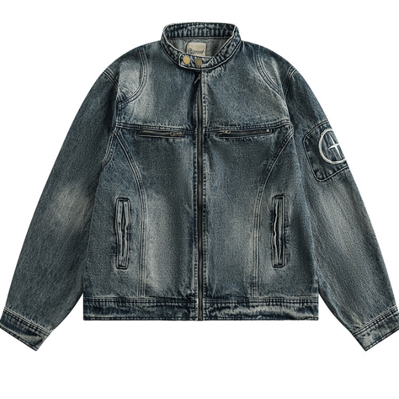メンズ ノーカラー ジップアップ デニムジャケット Gジャン S-3XL