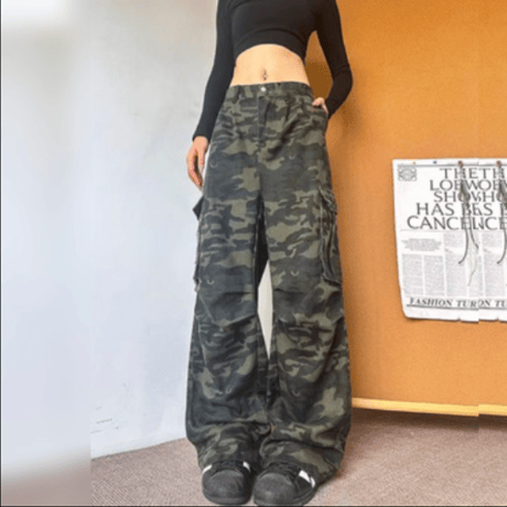 メンズ  ワークパンツ  迷彩柄 マルチポケット ワイドレッグ