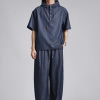 メンズデニム調半袖パーカーロングパンツ 2 点セット