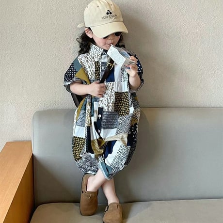 女の子 半袖 配色切替 オールインワン 夏用