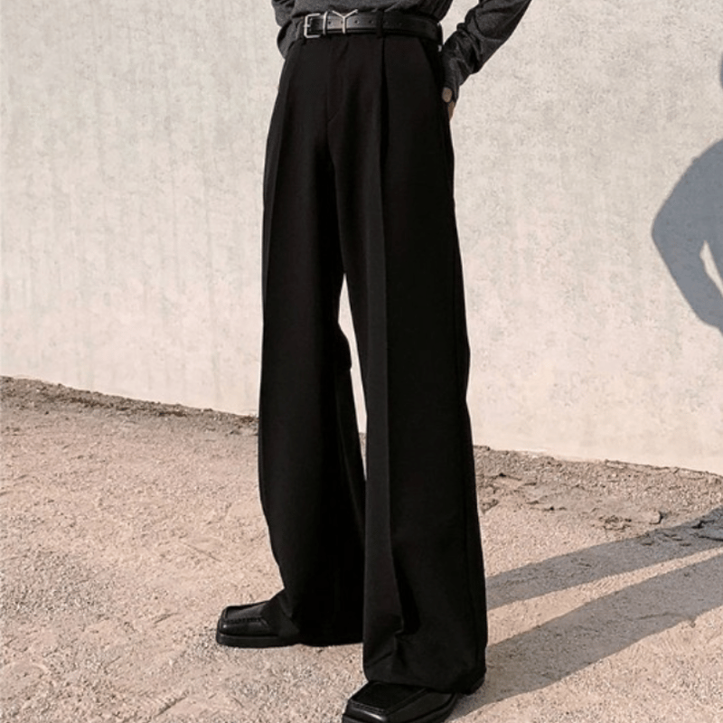 メンズスラックスフレアパンツハイウエストルーズフィットブラック