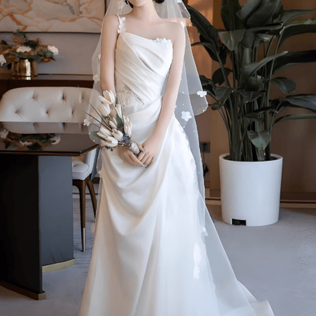 ワンショルダーサテン切り替えプリーツウェディングドレス結婚式前撮り花嫁