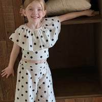 夏用 女児 水玉模様 フリルカラー リブトップス＋ワイドパンツ セットアップ