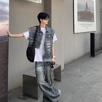 メンズ ヴィンテージ加工 デニムベスト ワイドパンツ セットアップ