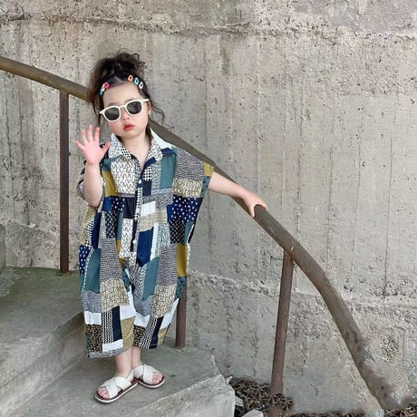 女の子 半袖 配色切替 オールインワン 夏用