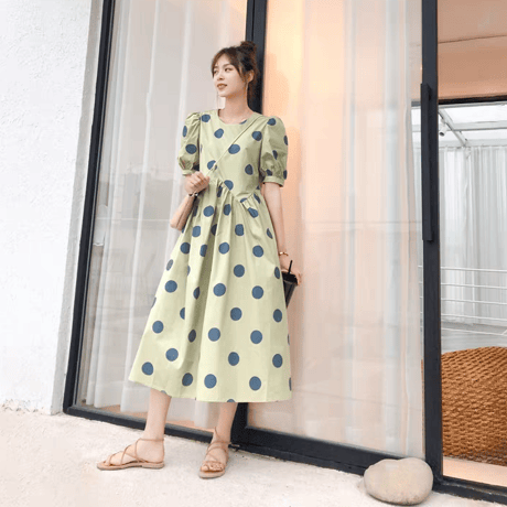 水玉パフスリーブ ゆったりノースリーブバックオープン A ラインワンピース 夏 リゾート
