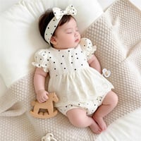 女の子ドット半袖レース裾ロンパース