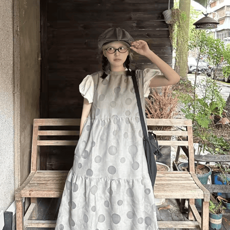 パフスリーブ水玉柄ゆったりワンピース 夏