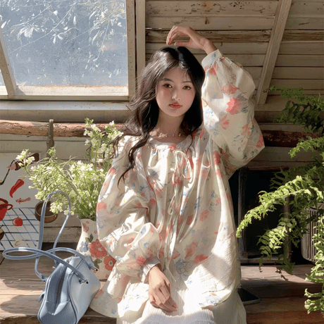 女性 ロングスリーブ プリントタイドシャツ 春夏 ルーズ