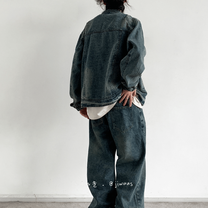 メンズ ノーカラー ジップアップ デニムジャケット Gジャン S-3XL