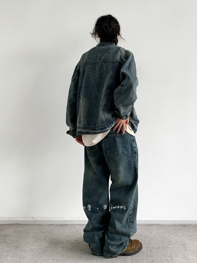 メンズ ノーカラー ジップアップ デニムジャケット Gジャン S-3XL
