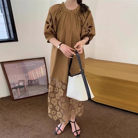 バルーンスリーブ半袖ワンピース春夏エレガント