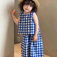 女の子セット チェックトップス七分ワイドパンツ夏 2 点セット