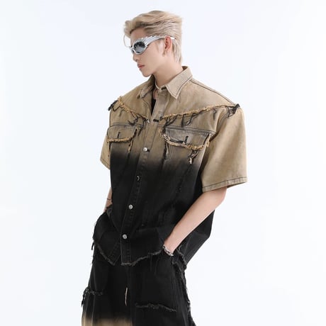 メンズ グラデーションデニム半袖 ワイドパンツ セット