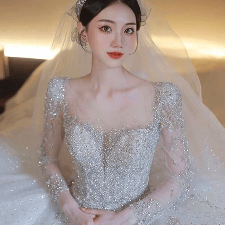 長袖チュールスクエアネックキラキラ軽やかウェディングドレス結婚式前撮り花嫁