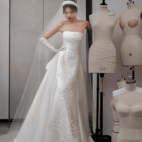 サテンオフショルダー結婚式前撮りウェディングドレスマーメイド